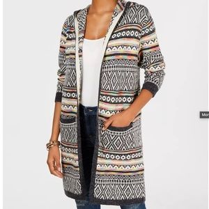 Multi-Color Tribal Print Long Sweater with Hood by Monteau LA— Size Medium